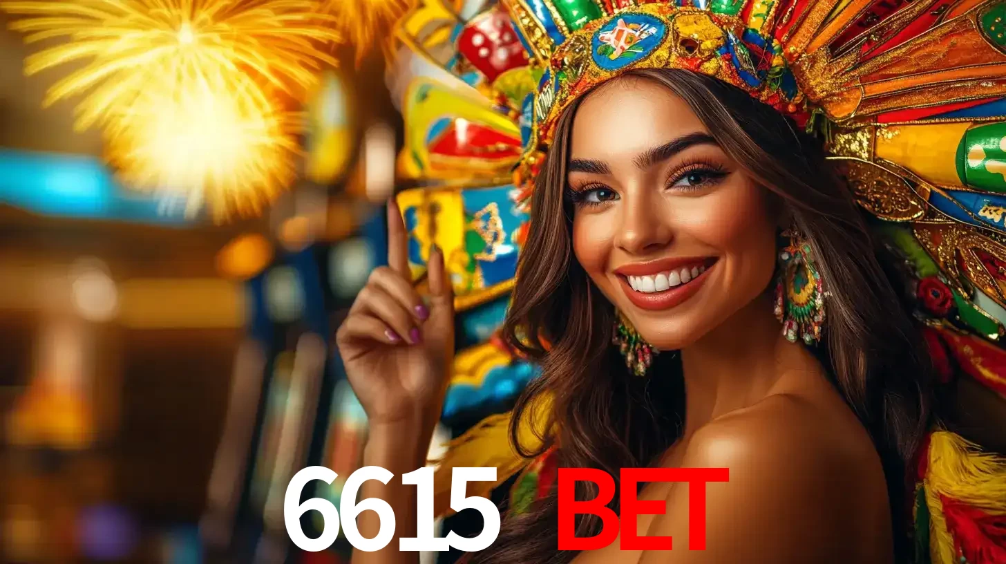Mulher sorridente com um cocar de carnaval vibrante e colorido, celebrando uma grande vitória nos jogos do cassino 6615 bet com fogos de artifício ao fundo.