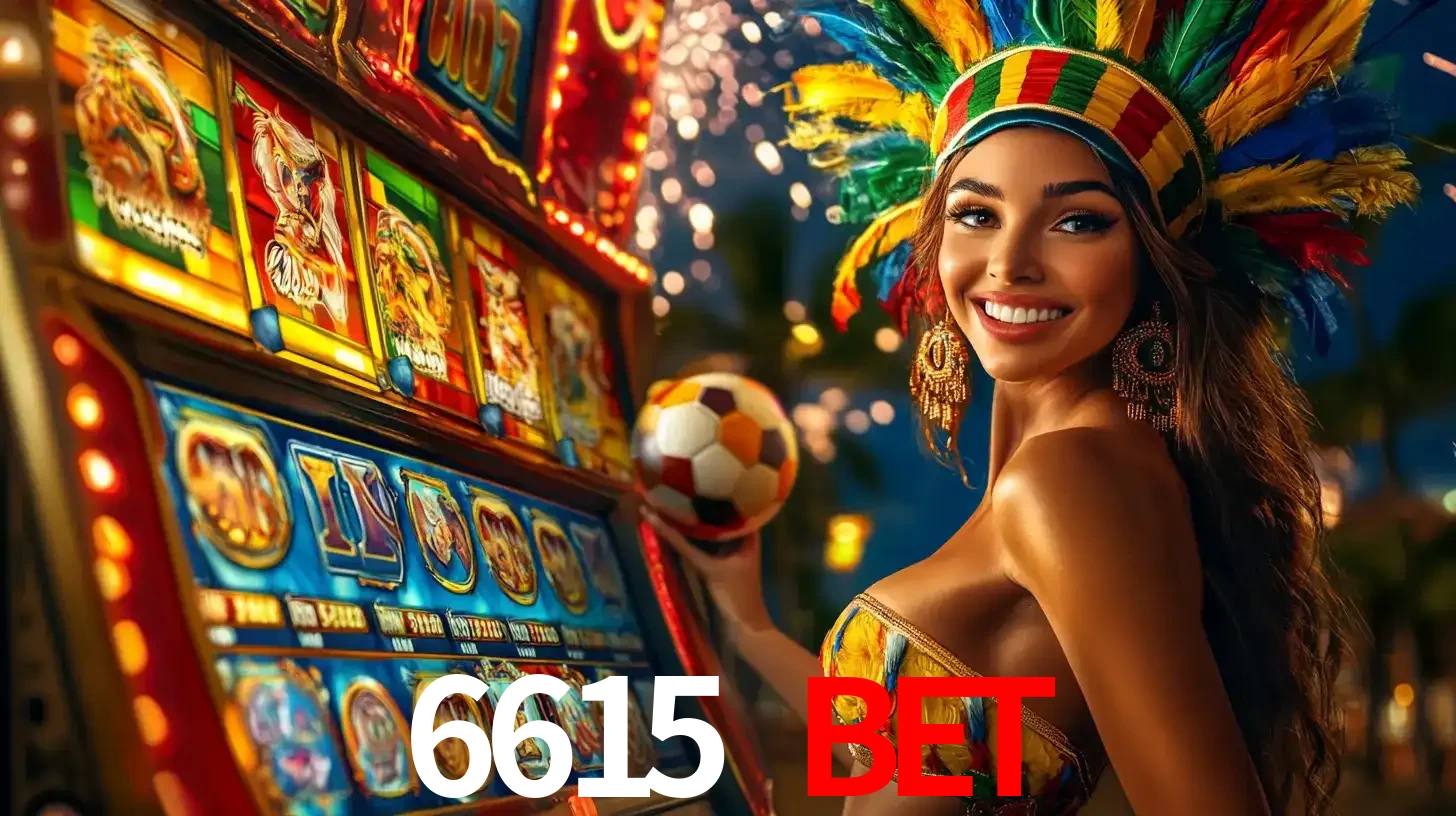 Mulher com um cocar de carnaval ao lado de uma máquina de caça-níqueis enquanto segura uma bola de futebol, mostrando a união da diversão de cassino e esportes no 6615 bet.