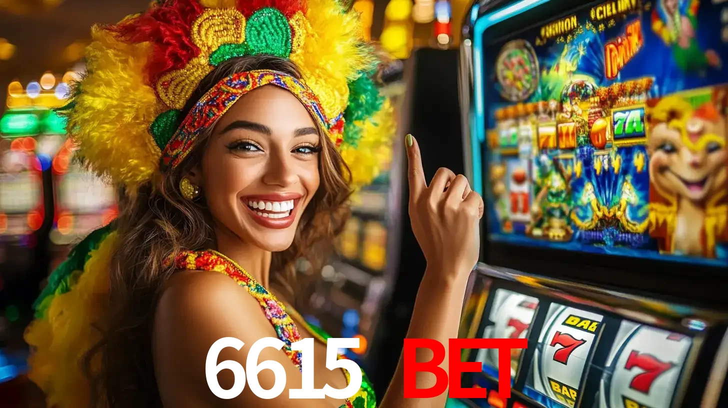 Mulher animada com um cocar de carnaval apontando para uma máquina de caça-níqueis, mostrando a emoção de ganhar um grande prêmio nos jogos do 6615 bet.