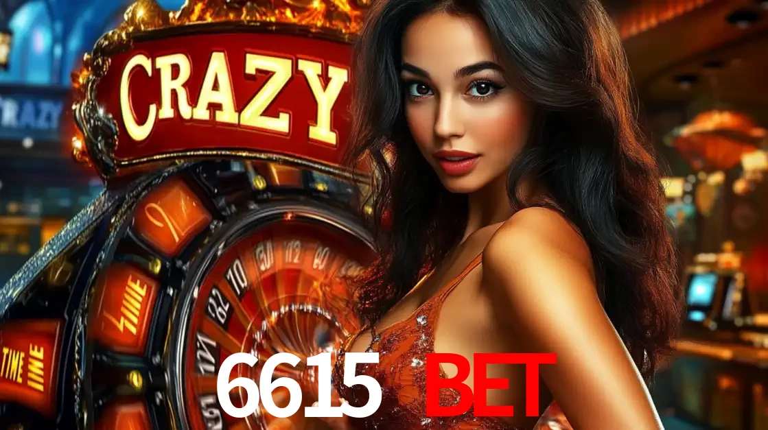 Mulher glamourosa olhando para a câmera com a roda vermelha do Crazy Time ao fundo em um ambiente de cassino, destacando a emoção dos jogos ao vivo no 6615 bet.