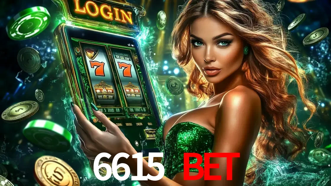Mulher com tema verde apresentando o aplicativo do cassino 6615 bet com um jogo de slot de 777, cercada por fichas de cassino e uma aura de sorte.