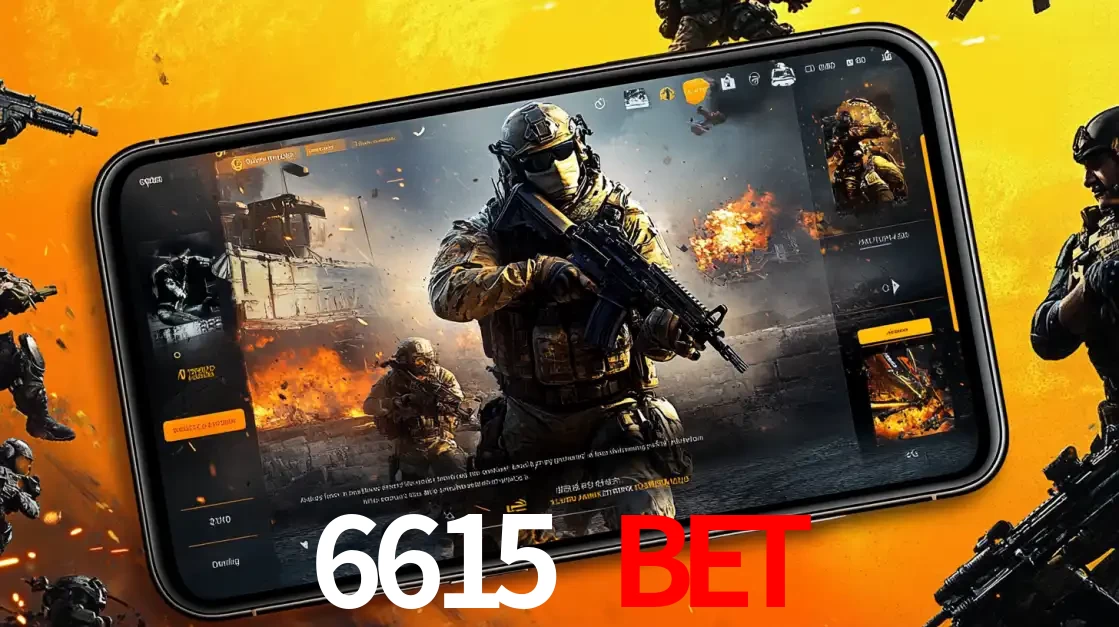 Um smartphone exibindo a interface de um jogo de tiro em primeira pessoa, com um soldado em um cenário de batalha, representando a ação dos e-sports para apostar no 6615 bet.
