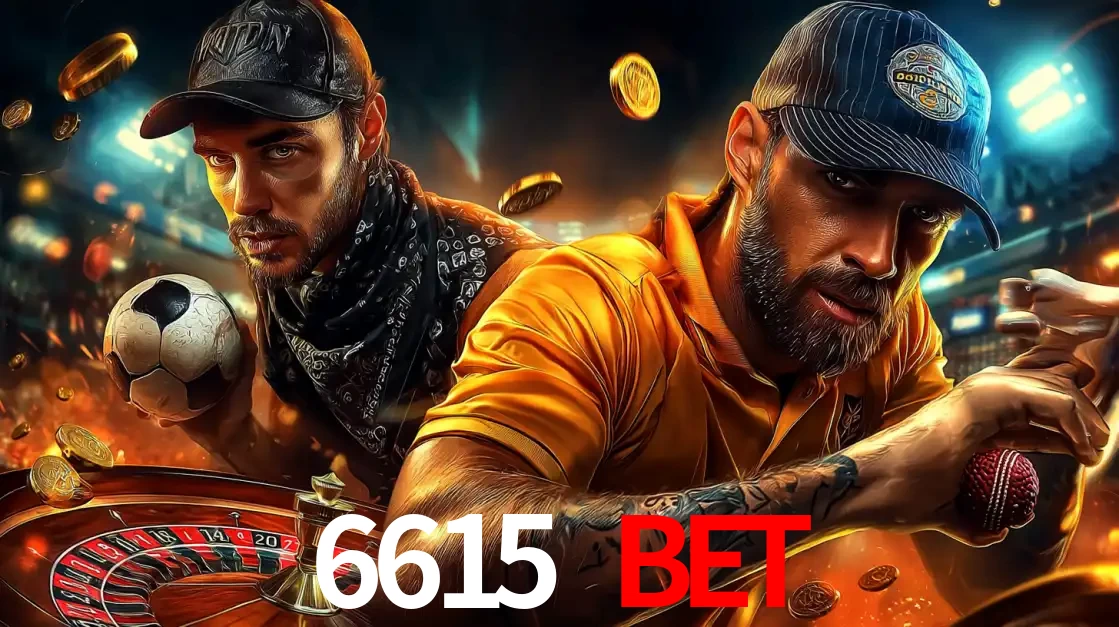 Montagem de apostas esportivas e cassino no 6615 bet, com um homem segurando uma bola de futebol e outro uma de beisebol sobre uma roleta e moedas voadoras.