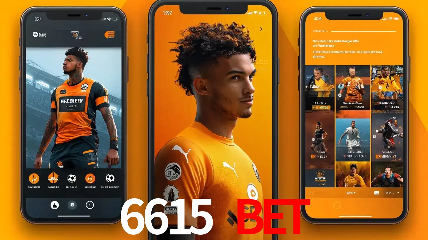 Interface do aplicativo de apostas esportivas 6615 bet em três telas de celular, mostrando o perfil de um jogador de futebol e a lista de jogos disponíveis para apostar.