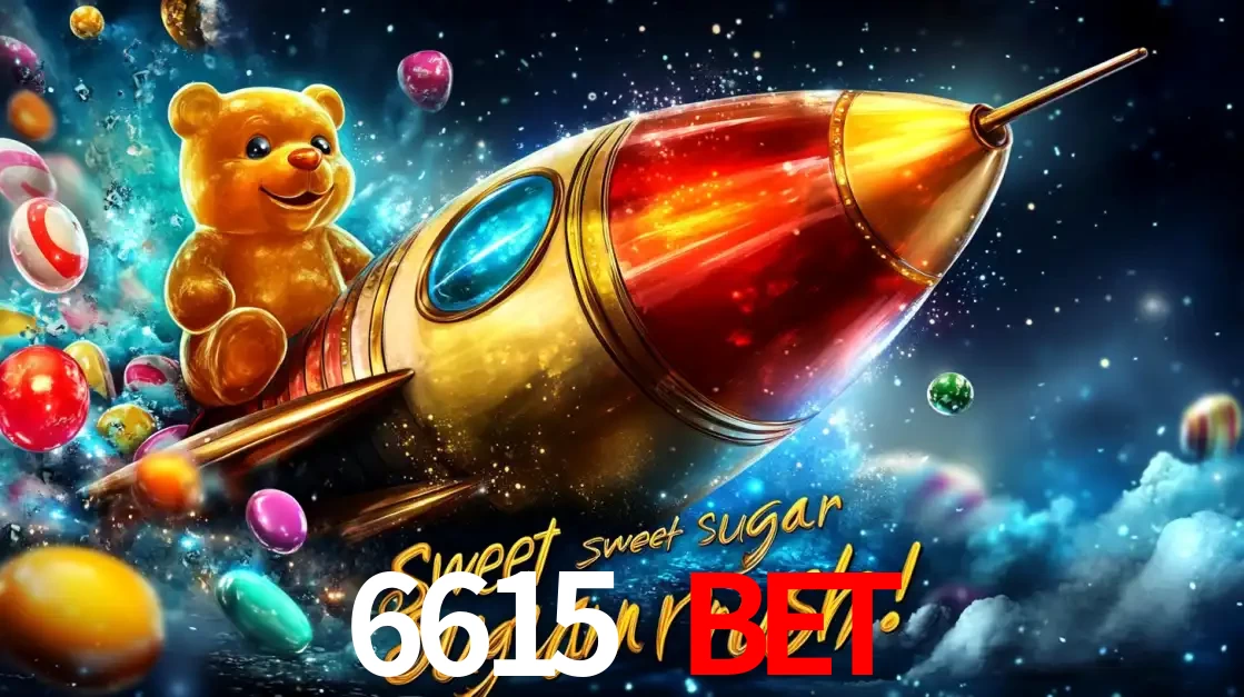 Arte promocional do jogo de slot Sugar Rush, com um urso de pelúcia em um foguete viajando pelo espaço de doces, um dos jogos divertidos disponíveis no cassino 6615 bet.