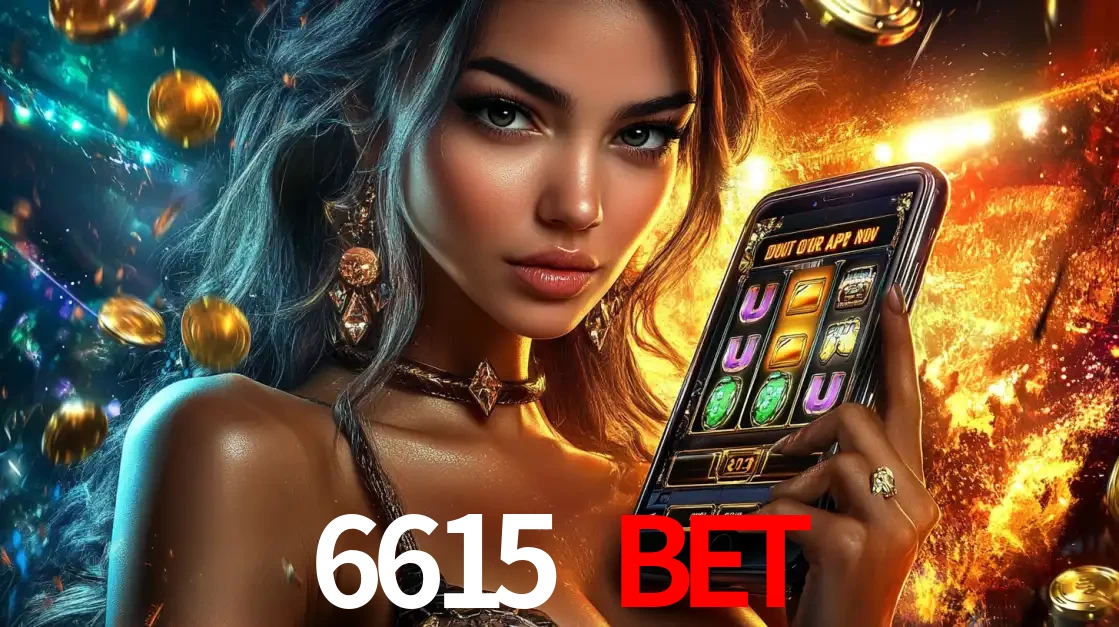 Mulher elegante mostrando um jogo de caça-níqueis em seu smartphone, destacando a experiência de cassino móvel oferecida pelo aplicativo 6615 bet.