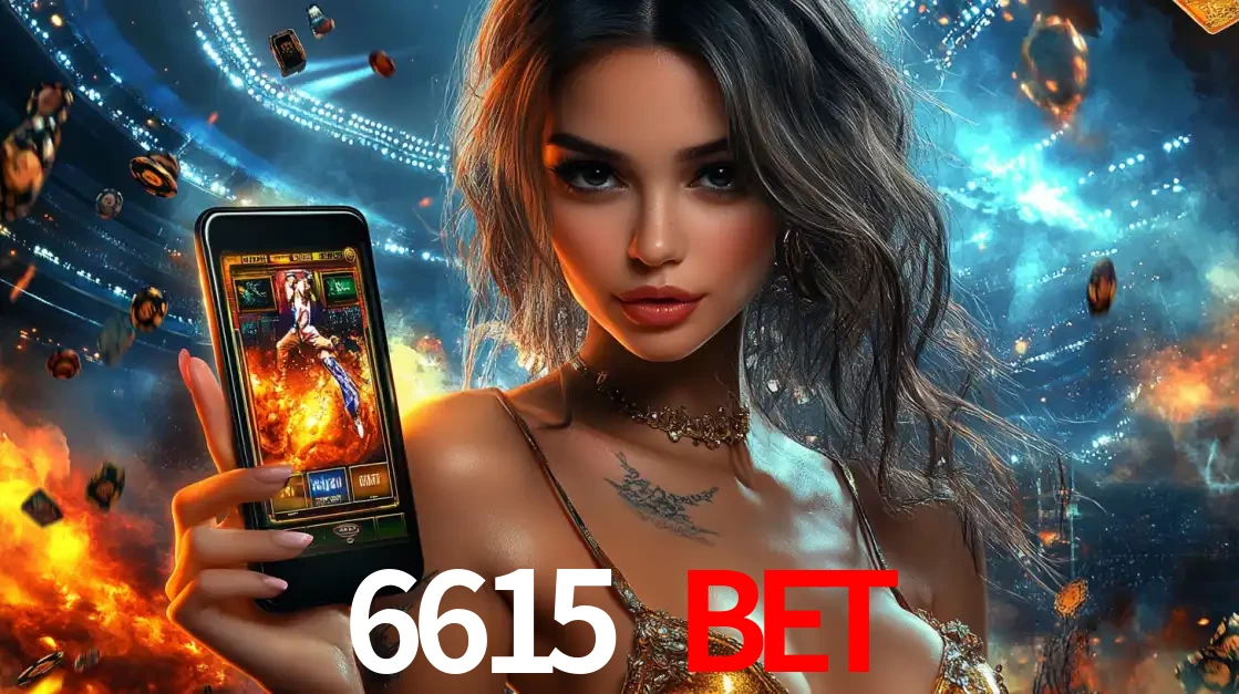 Mulher segurando um celular com um jogo de slot em destaque, tendo como fundo um estádio vibrante, simbolizando a emoção de jogar no cassino móvel 6615 bet.