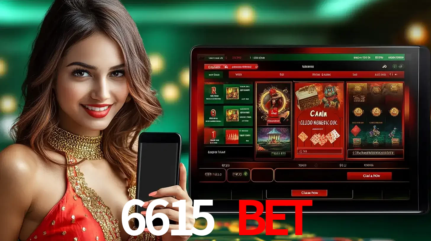 Mulher sorridente segurando um smartphone, ao lado de uma tela exibindo o lobby de jogos do cassino online 6615 bet, com várias opções de jogos de cartas e slots.
